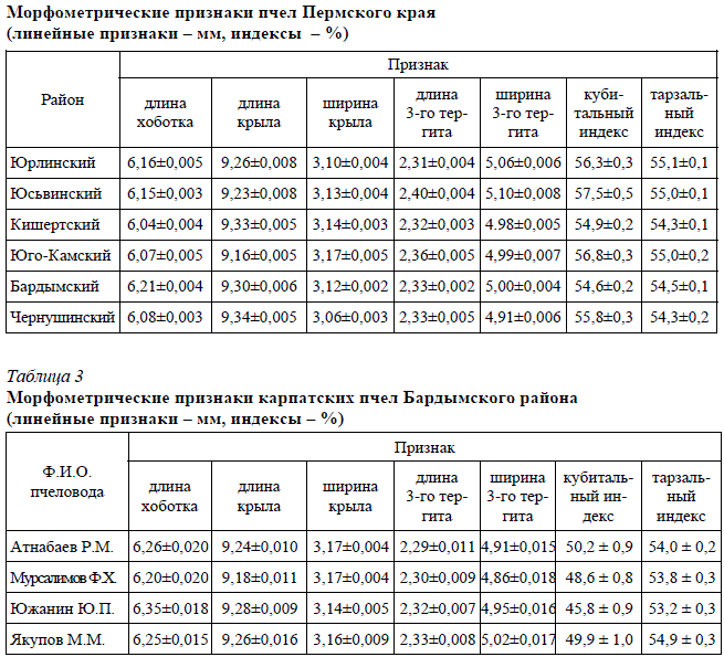 Морфометрические признаки пчел Пермского края (линейные признаки – мм, индексы – %)