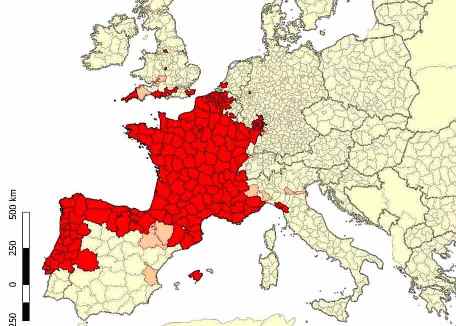 Карта распространения азиатского шершня в Европе